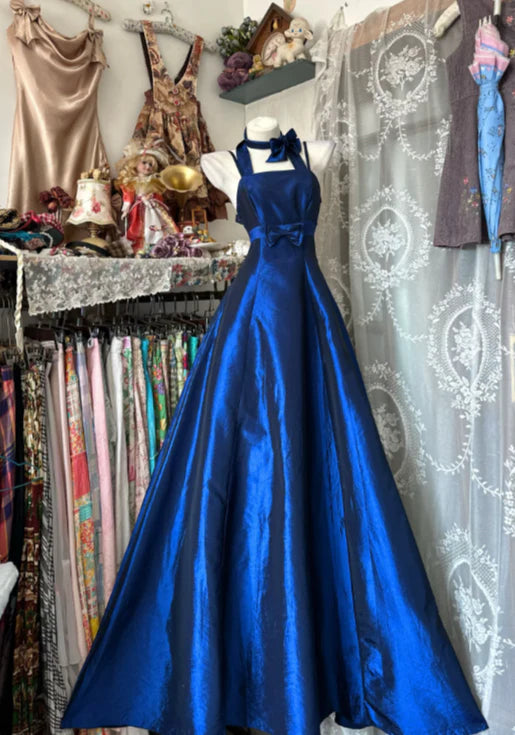 NiceVestidos – Ärmelloses, dunkelblaues, bodenlanges Abendkleid aus Satin in A-Linie, NV5772