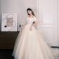 Off Shoulder Lace Tulle Ballgown Wedding Dress, Ivory Puff Sleeve Bridal Gown  NV7286