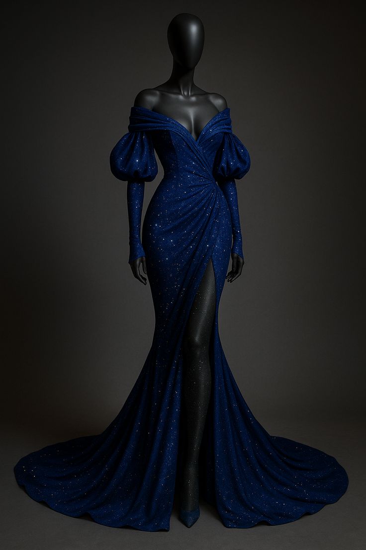 Royal blue shiny elegant satin floor-length mermaid slit long prom dress evening dress nv5125