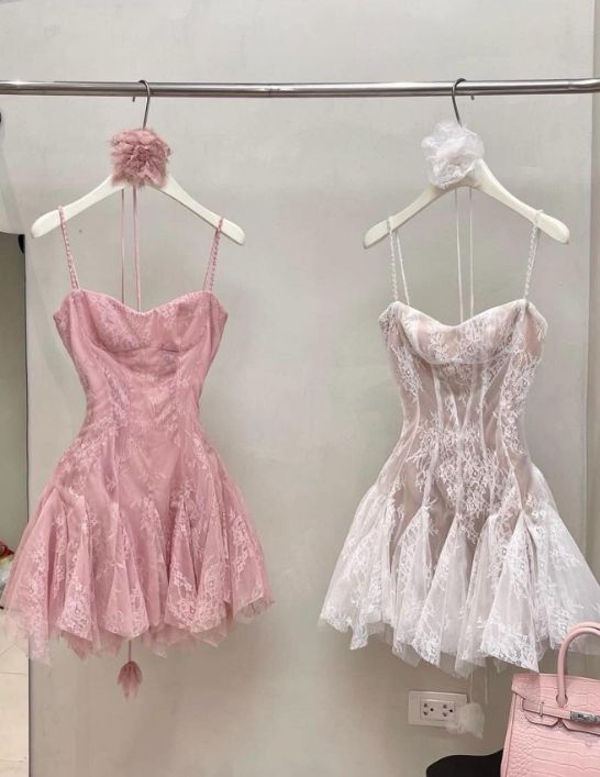 Light /Dark Pink Sweet Spaghetti Strap Lace Short Princess Homecoming Dress Party Dress Graduation Dress nv3287