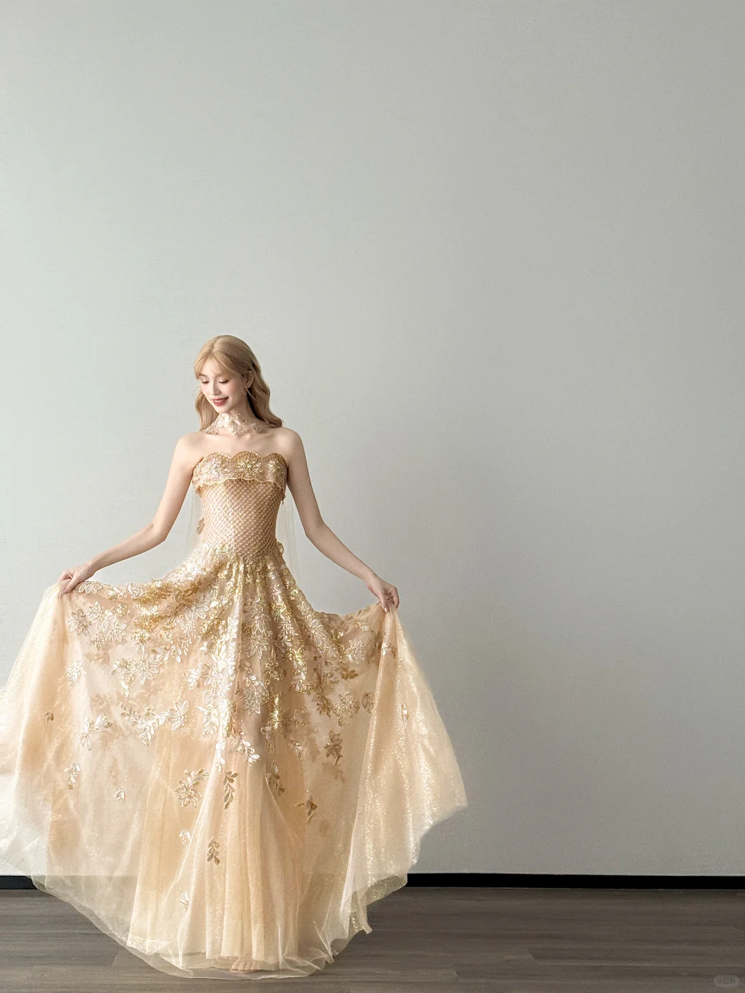 Champagne Strapless Ball Gown Gold Floral Tulle Prom Dress With Streamer  NV7113