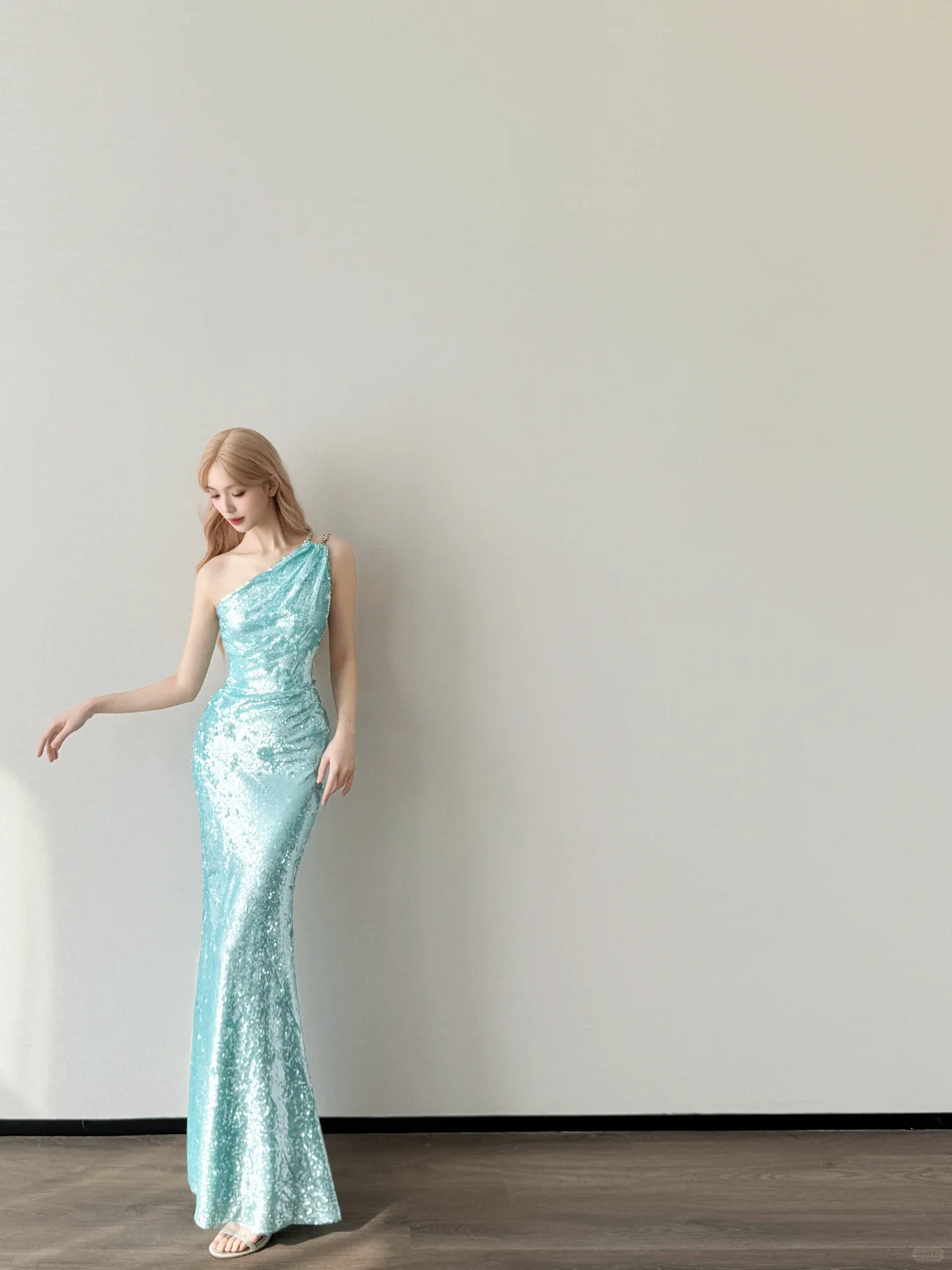 Light Lake Blue One Shoulder Prom Gown Full Sequin Ruched Mermaid Long Evening Dress  NV7155