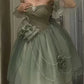 Green Cute Off Shoulder A Line Floral Short tulle Party Dress Mini Birthday Dress Homecoming Dress Prom Dress nv4172