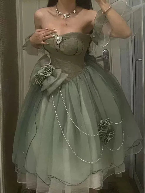 Green Cute Off Shoulder A Line Floral Short tulle Party Dress Mini Birthday Dress Homecoming Dress Prom Dress nv4172