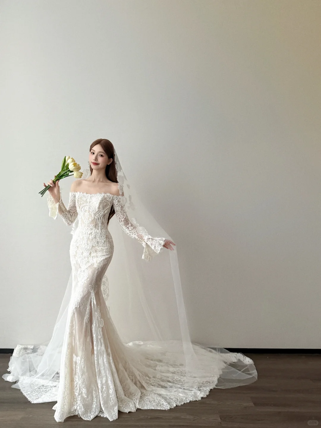 Off Shoulder Long Sleeve Lace Mermaid Wedding Dress Ivory Bridal Gown  NV7118