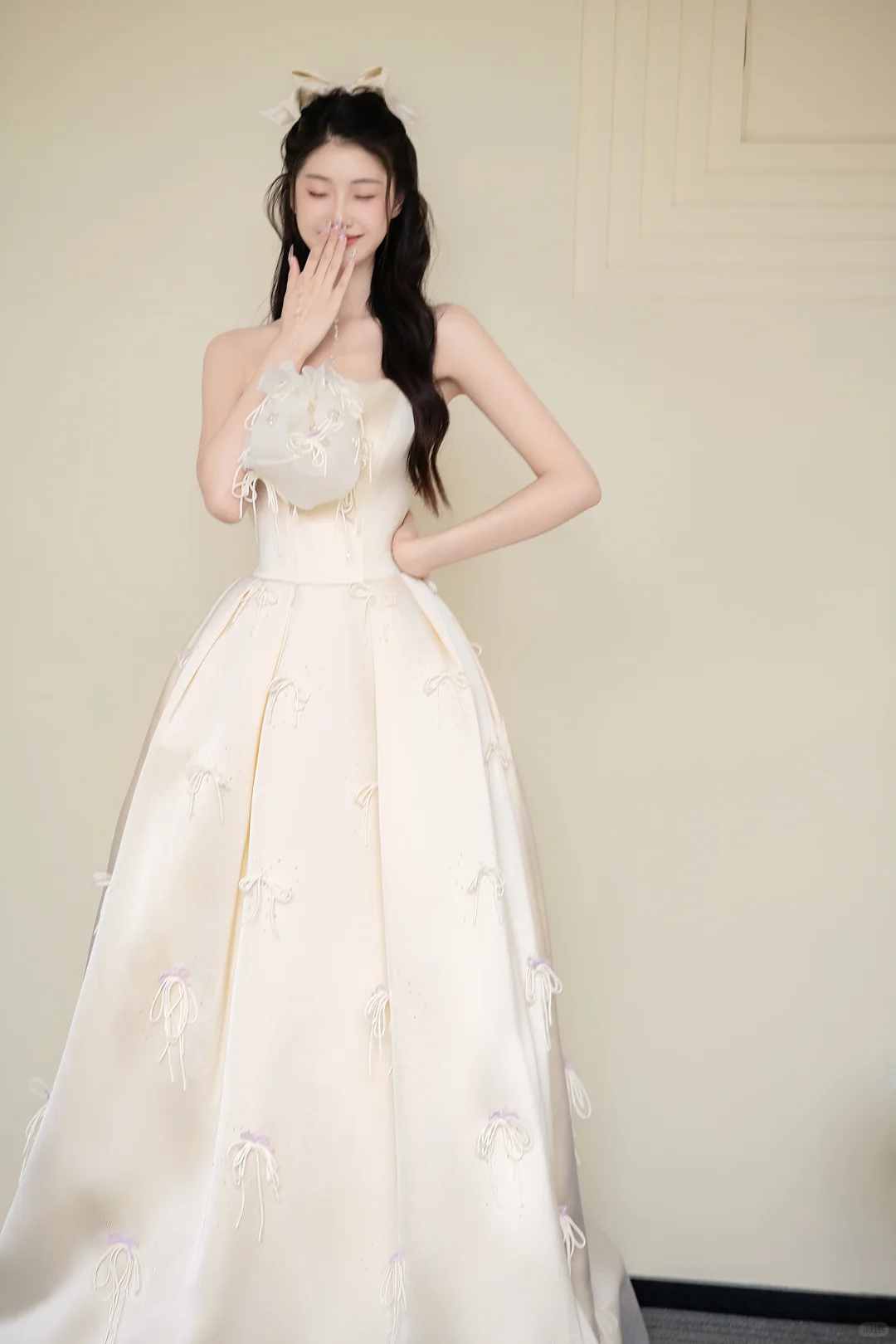 Champagne Strapless Bow Satin Ball Gown Prom Dress  NV7434