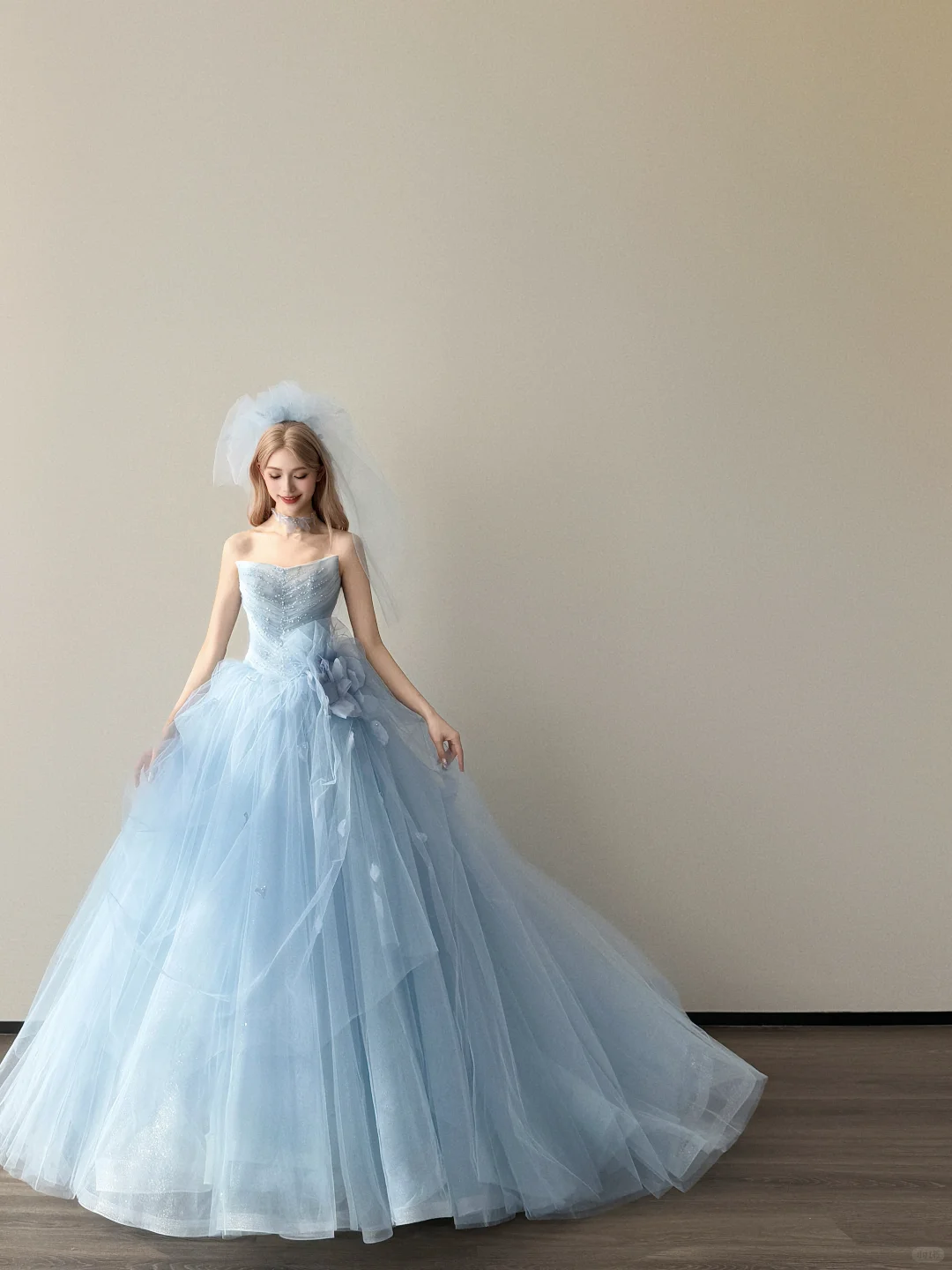 Light Ice Blue Strapless Prom Gown Beaded 3D Flower Multi-Layer Tulle A Line Evening Dress  NV7150