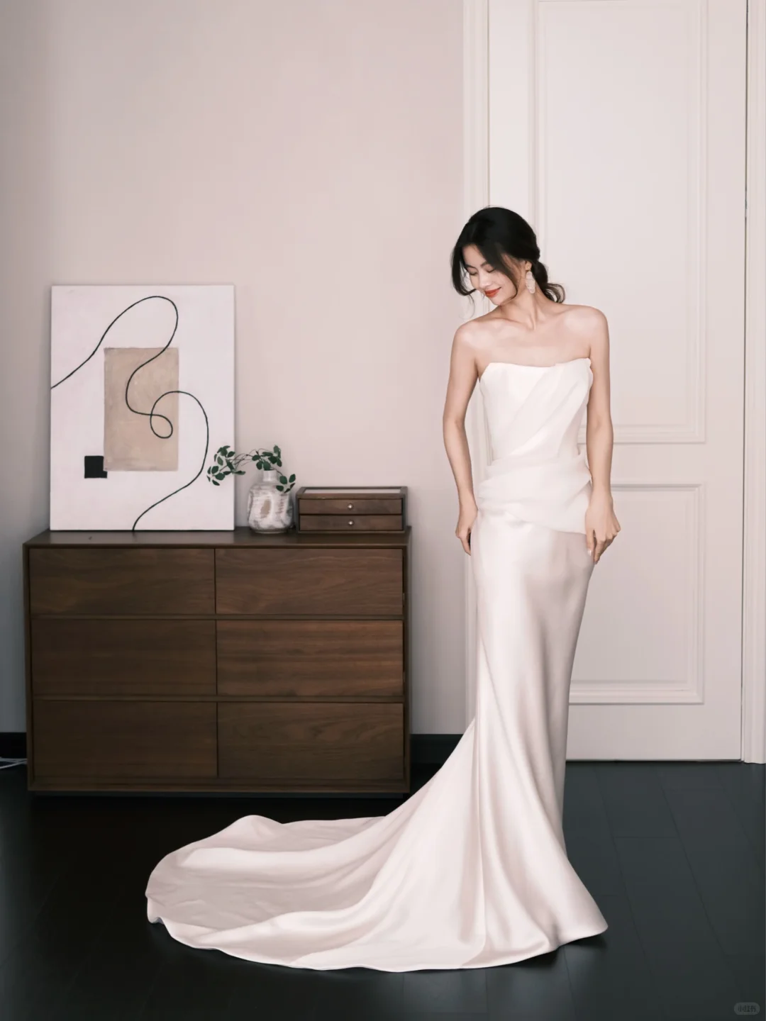 Strapless Satin Mermaid Bridal Gown, Ruched Bodice Minimalist Wedding Dress  NV7257