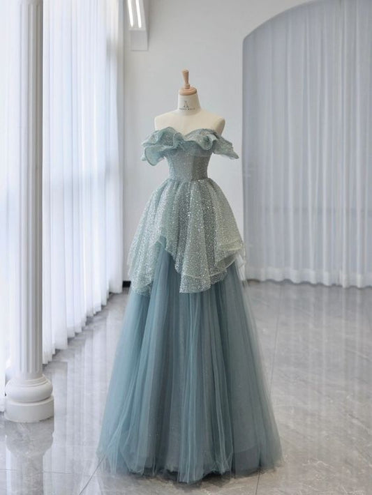 Blaues, langes Ballkleid-Abendkleid aus glänzenden Pailletten mit Tüll NV2912