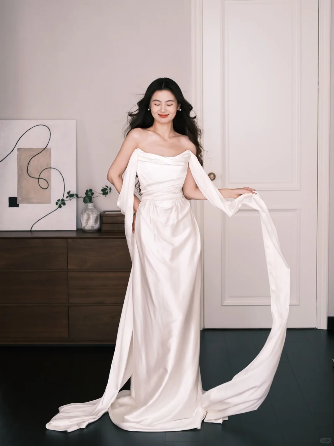 White Strapless Draped Satin Wedding Dress With Long Streamers  NV7230