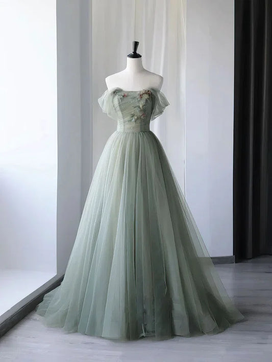 Green elegant A-line off-shoulder long tulle ball gown evening dress graduation dress coming of age ceremony dress nv1413