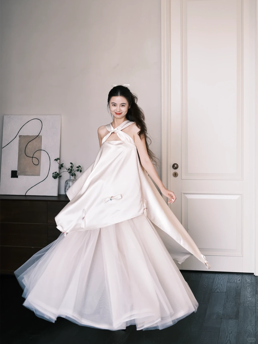 Halter Cutout Satin Tulle Wedding Dress with Beaded Bow Details  NV7385