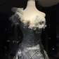 Smoky Gray One Shoulder 3D Flower Ruffled Tulle Mermaid Prom Gown  NV7096