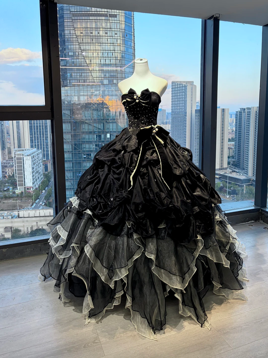 Strapless Black Gothic Ball Gown Rhinestone Beaded Bow Gradient Ruffle Tulle Prom Dress  NV7032