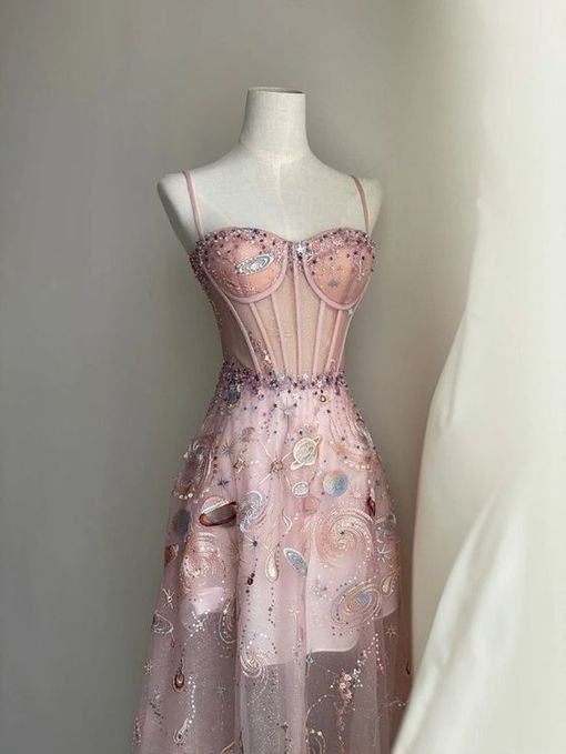 Robe de soirée longue en tulle sans manches, sexy et douce, brodée de sequins, coupe ajustée, rose, nv2948