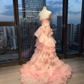 Strapless Pink Mermaid Prom Dress Hand Beaded Rhinestone 3D Flower Tiered Glitter Tulle Train  NV7038