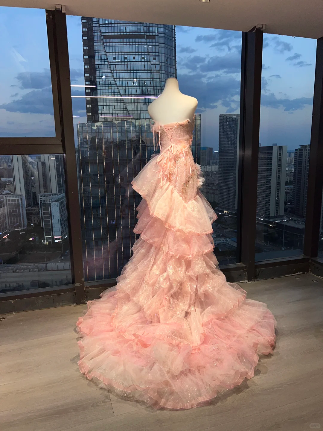 Strapless Pink Mermaid Prom Dress Hand Beaded Rhinestone 3D Flower Tiered Glitter Tulle Train  NV7038