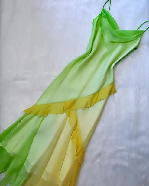 Robe de soirée longue en mousseline de soie, dégradé de couleurs jaune et vert, nv4349