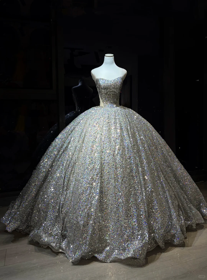 Silver Sparkly Sequin Ball Gown Strapless Voluminous Long Prom Dress  NV7080