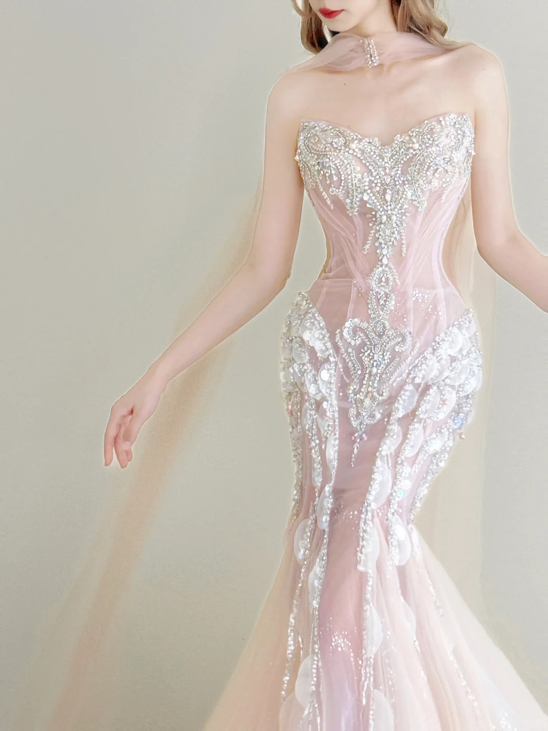 Light Pink Strapless Mermaid Prom Gown Beaded Sequin 3D Petal Tulle Cape  NV7179