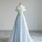 Light blue elegant sweet shiny exquisite lace long tulle ball gown evening dress Graduation dress adult dress nv3779