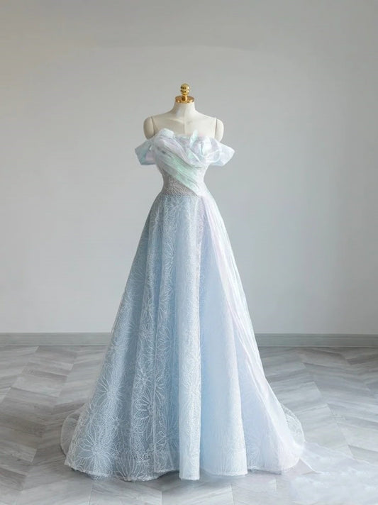 Light blue elegant sweet shiny exquisite lace long tulle ball gown evening dress Graduation dress adult dress nv3779