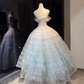White Light Blue Ombre Strapless Ball Gown Beaded Rhinestone Glitter Tulle Formal Dress  NV6969