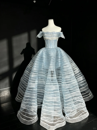 Off Shoulder Ice Blue Tulle Prom Dress Corset Bodice Striped Rhinestone Structured Princess Ball Gown  NV6993