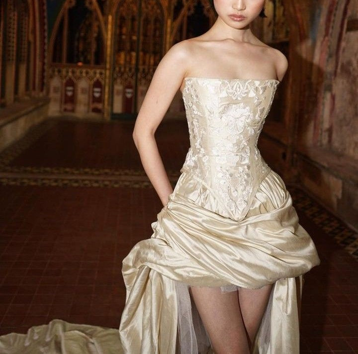 Champagne Fashion Strapless Long Satin Ball Gown Evening Dress nv3325