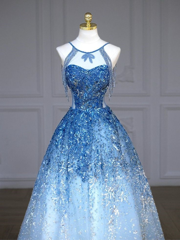 Blue luxurious beaded, sparkling, gorgeous wedding gown, beaded, sequined, floor-length princess ball gown nv5060