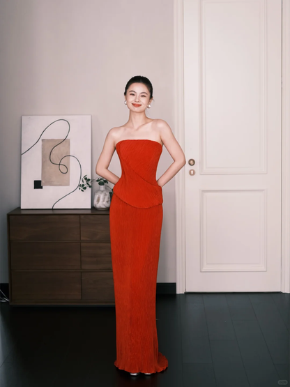 Strapless Pleated Mermaid Evening Gown Red Fitted Wedding Reception Dress  NV7255