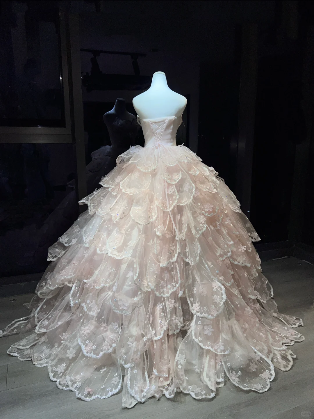 Light Pink Layered Petal Tulle Long Evening Gown Strapless 3D Floral Puffy Ball Gown Prom Dress  NV7079