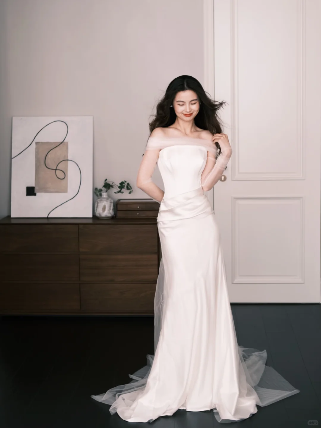 Off Shoulder Satin Mermaid Wedding Dress, Ivory Tulle Bridal Gown  NV7282