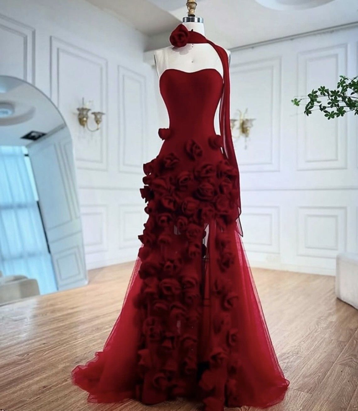 Red long elegant evening dress with delicate floral details NV6675