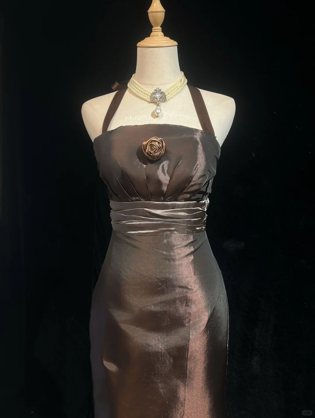 Halter Bronze Vintage Midi Prom Dress Shiny Taffeta 3D Fabric Rose Ruffled Mermaid Hem Formal Gown  NV6897