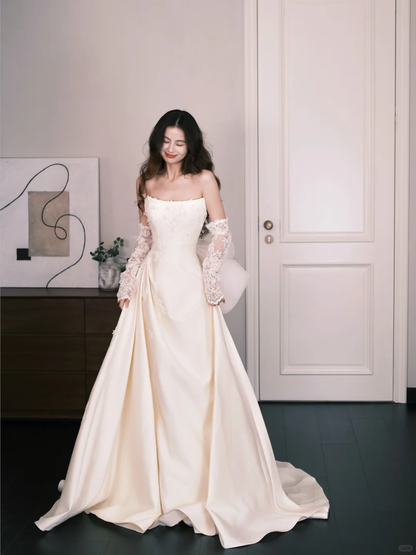 Off The Shoulder Satin Wedding Dress with Lace & Bow  NV7313
