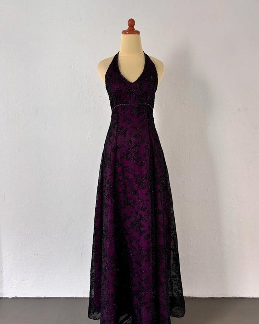 NiceVestidos--Dark Purple Vintage Exquisite Floral Long Chiffon Prom Dress Homecoming Dress Fairy Dress Nv5588