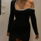 Black irregular collar fashion unique rhinestone short homecoming dress holiday party dress evening dress nv3104