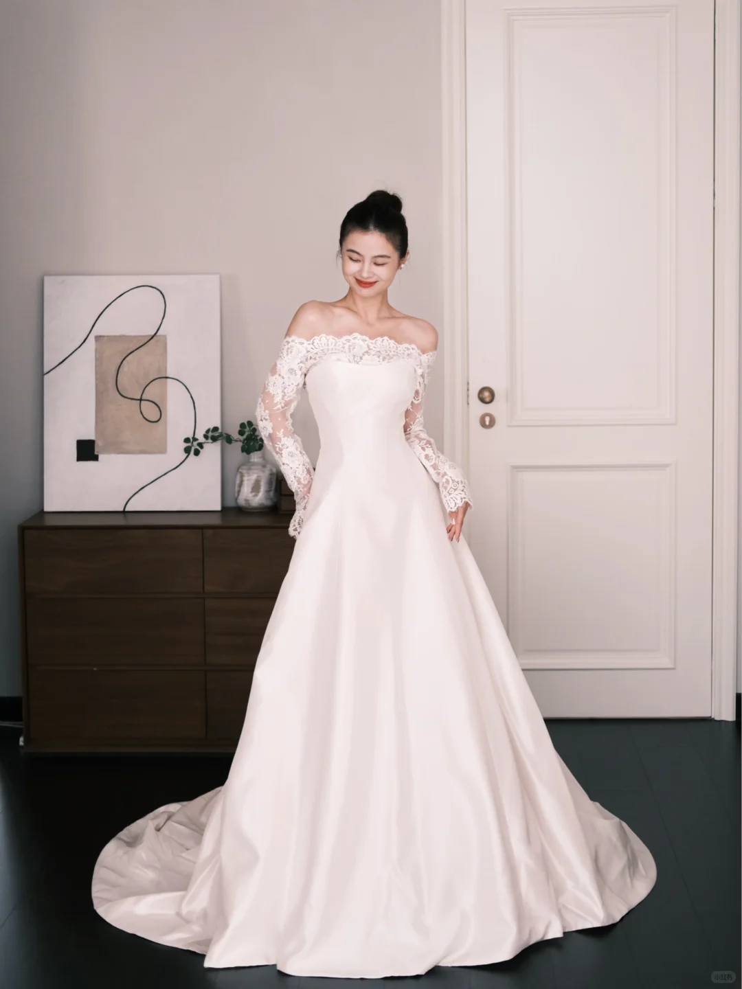 White Off The Shoulder Lace Sleeve Satin Wedding Dress  NV7237