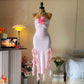 Pink Fashion Sweet Floral Tube Top Long Chiffon Ruffle Slim Fit Ball Gown Evening Dress Party Dress nv3658