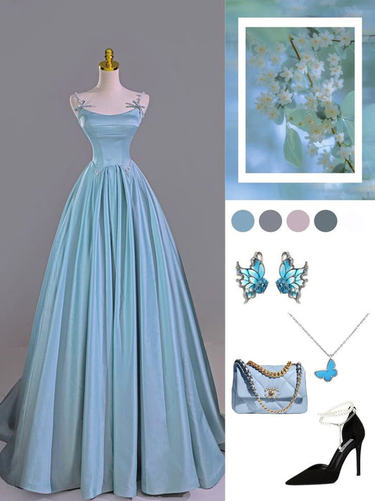 Blue long satin ball gown evening dress party dress nv4861