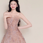 Nude Pink Strapless Spark Rhinestone Floral Midi Gown  NV7431