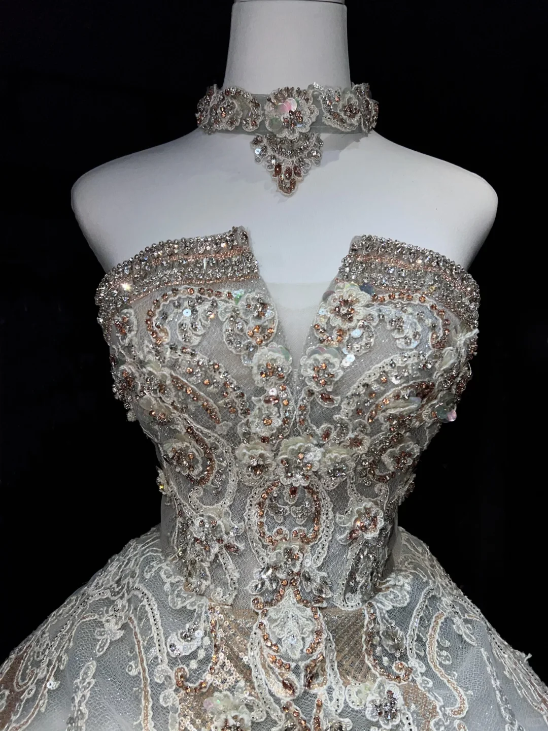 Champagne Gold Heavy Beaded Lace Ball Gown Strapless Vintage Wedding Prom Dress  NV7075
