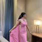 Robe de soirée longue rose simple et élégante avec bretelles et ruban nv2440