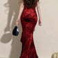 Beautiful Red Elegant Long Mermaid Slim Velvet Prom Dress nv4818