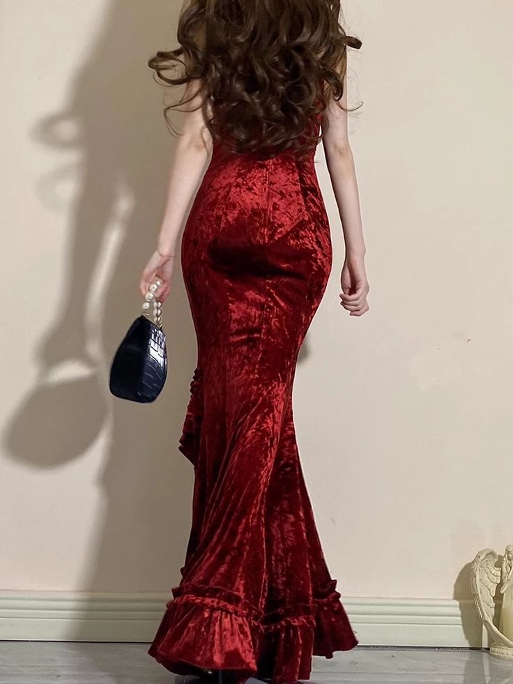 Beautiful Red Elegant Long Mermaid Slim Velvet Prom Dress nv4818