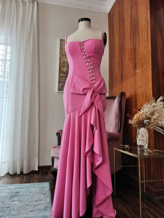 Pink Elegant Fashion Spaghetti Strap Long Sexy Satin Ball Gown Evening Dress Party Dress nv3554