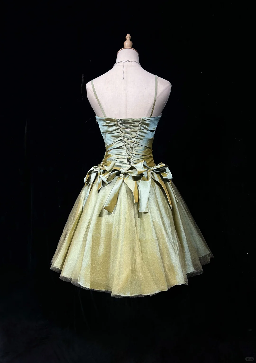 Sage Green Spaghetti Straps Short Prom Dress Rhinestone Trim Satin Bows Voluminous Tulle Mini Formal Gown  NV6894