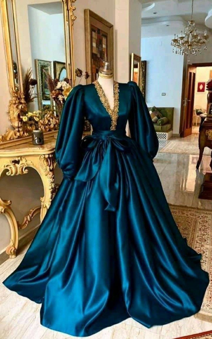 Pfauenblaues, elegantes Retro-Abendkleid mit V-Ausschnitt, tiefem Ausschnitt, langen Ärmeln, langes Ballkleid, nv2946