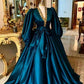 Pfauenblaues, elegantes Retro-Abendkleid mit V-Ausschnitt, tiefem Ausschnitt, langen Ärmeln, langes Ballkleid, nv2946